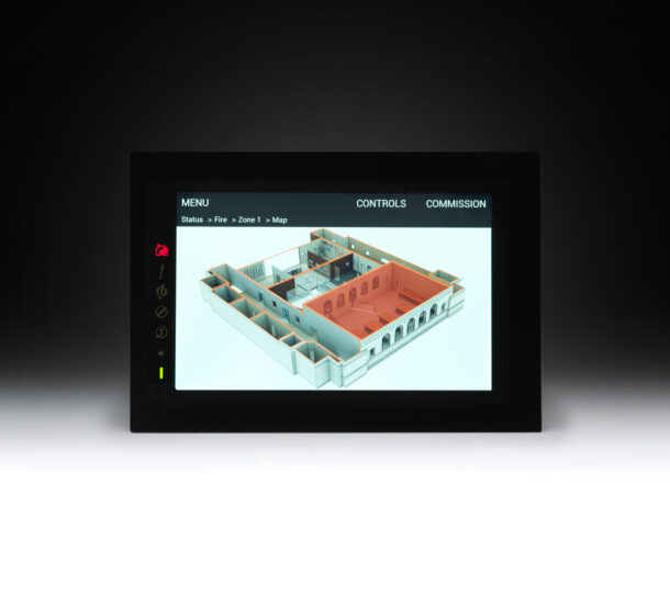 TouchControl touchscreen fire alarm panel showing map